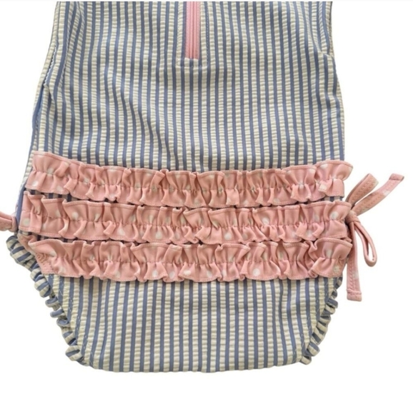 Ruffle Butts Seersucker Long Sleeve Rash Guard Periwinkle Blue Pink Size 6-12 M - Picture 3 of 8